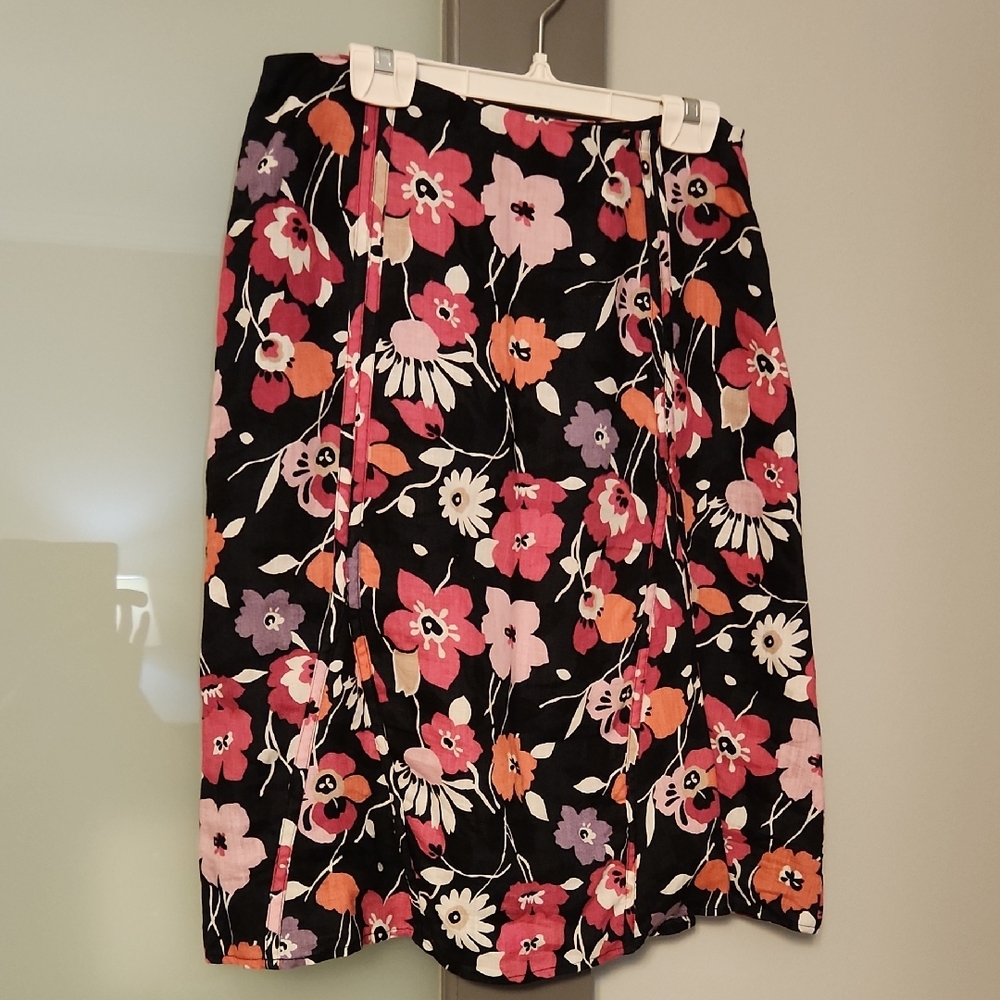 Deanne & White Size 6 Floral Linen A-Line Skirt - Black, Pink, Orange And White
